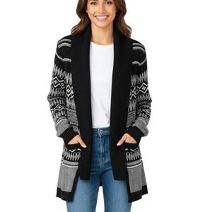 Talbots Sweater Womens S Black White Open Front Cardigan Fair Isle Knit Casual